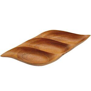 60s Blair Hawaii Monkey Pod Wood Tray Signed Divided Leaf Party Nuts Dish Snacks